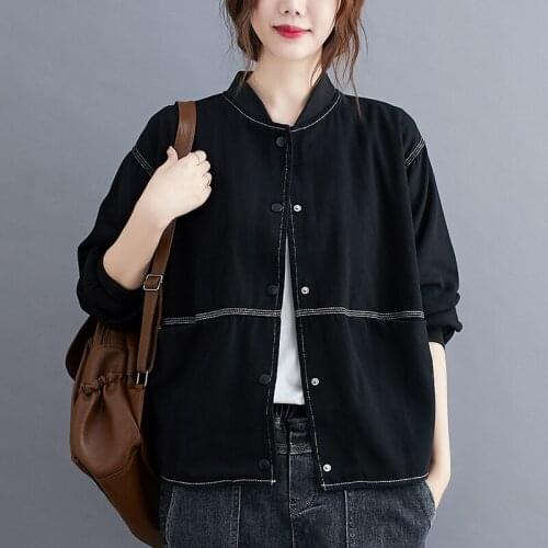 2021 High Quality Fashion Women Jacket Stand Collar Single-Breasted Casual Black Outwear Loose Long Sleeve Basic Coat Jaqueta