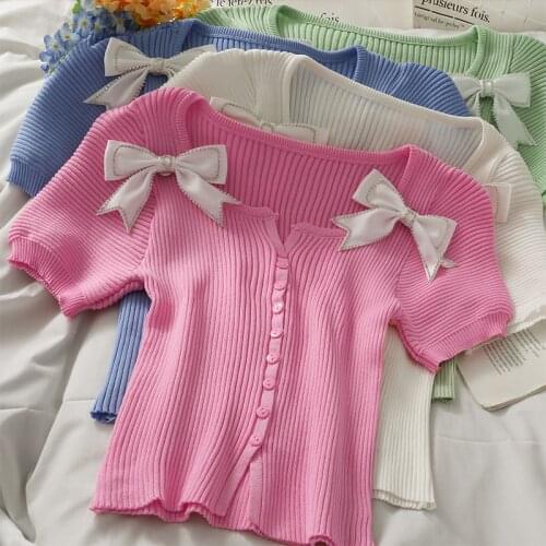 Women Knitted Short Puff Sleeve Sweaters Cardigans Girls Short Single-Breasted Buttons Sweater Shirt Bowknot Crop Top for Female