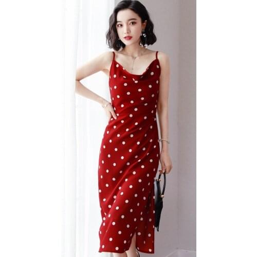 Korean New Summer Womens Sleeveless Polka-Dot Printed Slim Sexy Suspender Dress side Split fork Party Slim black Dresses
