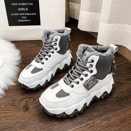 Winter Warm High Top Sneakers Woman Sport Shoes Lady Breathable Running Shoes Womens Sports Shoes White Gray Fur Work GME-1335