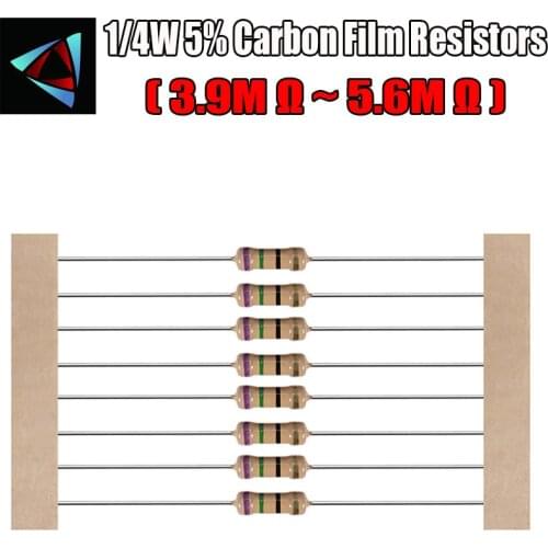 100pcs 1/4W 5% Carbon Film Resistor 3.9M 4.3M 4.7M 5.1M 5.6M ohm