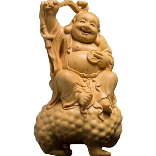 14CM Toad Laughing Bag Buddha Chinese Mythology Boxwood Carving Creative Home Wood Engraving Crafts Living Room Car