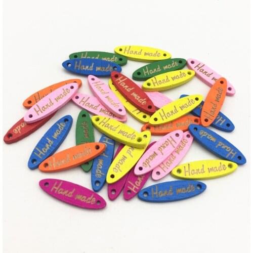 50pcs Mixed 8x28mm Wood "Handmade" Connectors Tag Label Oval Shaped Embellishments Ornaments Crafts With 2 Hole Buttons