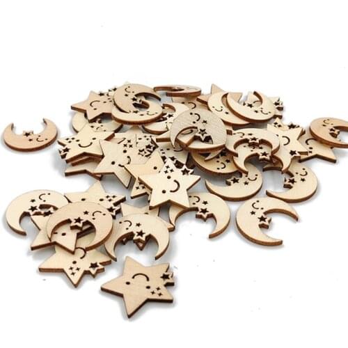 50pcs Unfinished Star Moon Shape Wood Cutout Chips Wooden Slices for Arts Crafts Ornaments