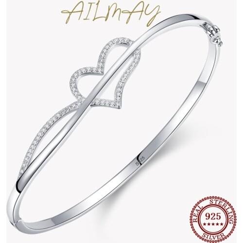 Ailmay Fashion Classic Cubic Clear Zirconia Jewelry Real 925 Sterling Silver Love Hearts Bracelets Fine Female Fashion Jewelry