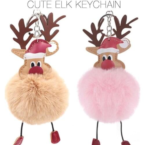 Reindeer Xmas Keychain Pendant Hair Ball Key Buckle Elk Key Ring Hanging Display Window Party Supplies Plush Home