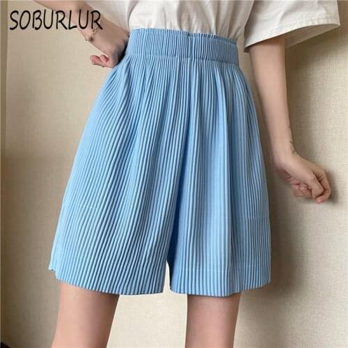 Short Pants Women New Summer Casual pants High Waist Wide Leg Pants Korean Folds Loose Elastic Waist Pants Polyester Thin Pants