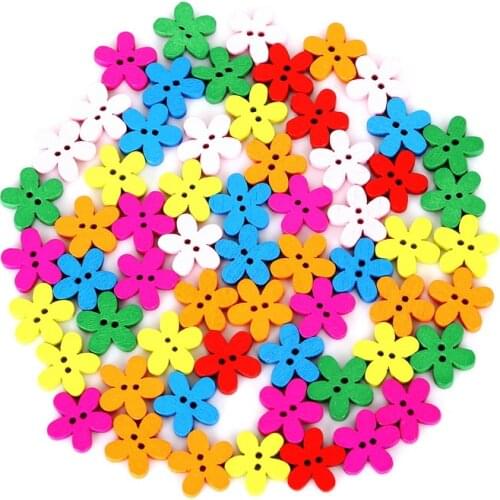 15mm 100pcs Wooden Buttons Colorful Mixed Flowers Wave Edge Scrapbook Sewing Accessories DIY Craft 2 Holes