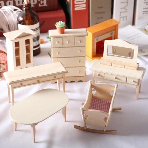 Wooden Dollhouse Mini Room Prop Cradle Cabinet Mold Dinner Dressing Table Model Children Toys Birthday Christmas New Year Gift