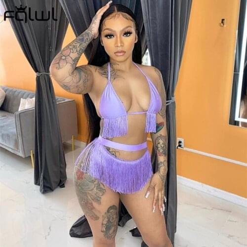 FQLWL Sexy Purple Swimsuit Beach Wear Summer Crop Tops Shorts Suits Bandage 2 Piece Bikini Sets Ladies Club Party Bathing Suit