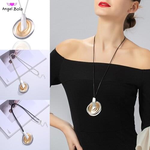 Geometric Metal Overlapping Pendant Long Rope Chain Necklace Sweater Chain Handmade Matte Silver Jewelry Temperament Accessories