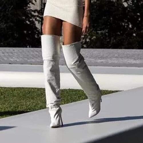 Summer Ladies Solid White Leather Thigh High Boots Women over knee Boots High Heel Gladiator Boots Female Zipper Dress Shoes