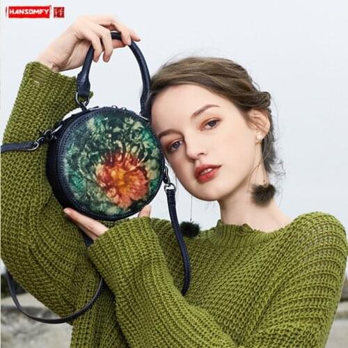 Leather Small Round Bag Women Handbag Mini Shoulder Messenger Bags Handmade Cowhide Design Niche Retro Original Female 2020 Soft