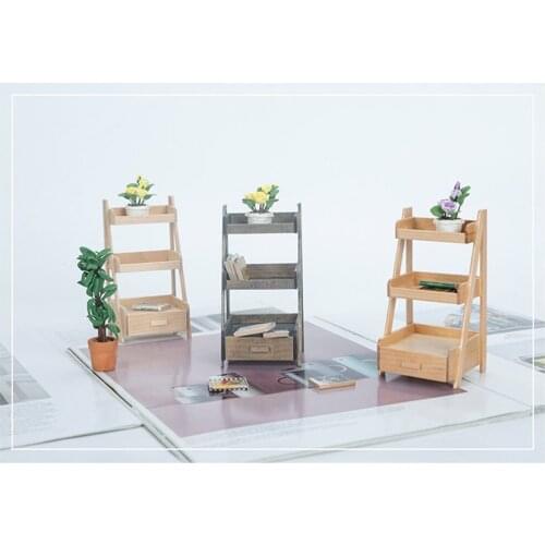 Dollhouse Miniature Three-layer Wood Shelf Drawer Display Rack Furniture Model Pretend Play Toy