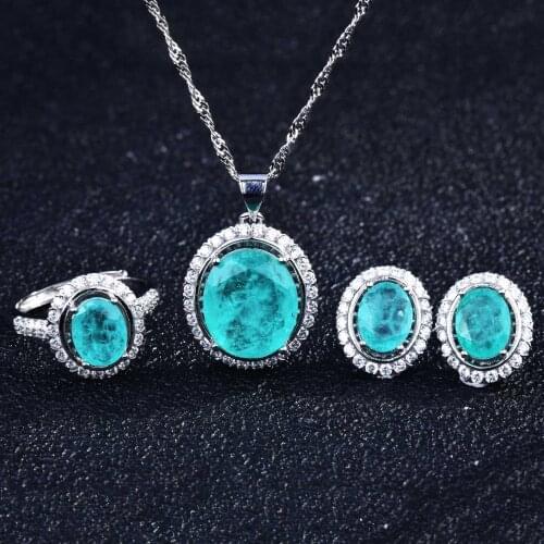Fashion Paraiba Tourmaline Gemstone Jewelry Set for Women Solid 925 Sterling Silver Ring Earrings Necklaces for Wedding Gifts