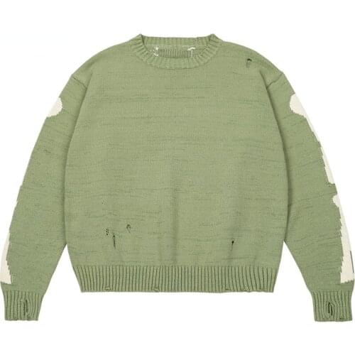 2021 Autumn Oversized Sweater Men Woman Skeleton Bone Print Cotton Pullover Harajuku Damage Hole Vintage 1:1 Knit Sweater Green