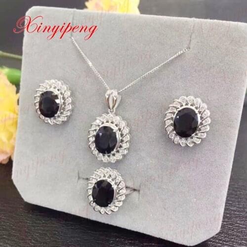 Ms 925 silver inlaid natural sapphire jewellery set ring necklace pendant earrings gift mother a good gift