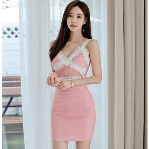 New arrival fashion pencil dress women elegant summer sexy strap lace temperament office lady sweet pink bodycon mini dress