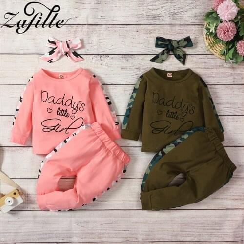ZAFILLE Autumn Winter Toddler Baby Girl Clothes Set Letter Daddys Little Girl Top+Camouflage Pants+Headband Infant Kids Outfits