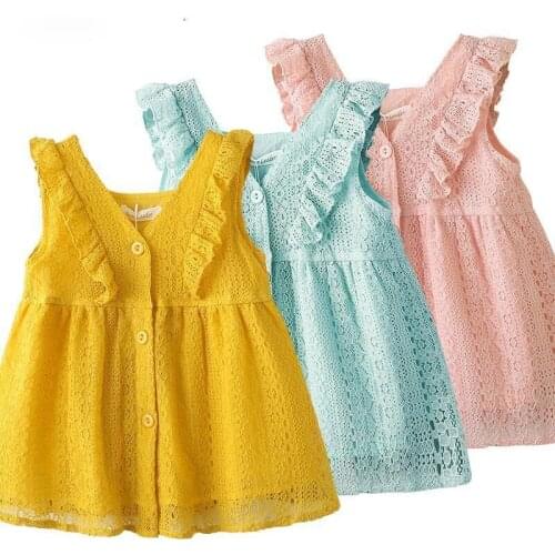Baby Girls Dresses 2021 New Summer Toddler Kids Clothes V-Neck Lace Princess Dress Childrens Solid Color Clothing for 1-5Years
