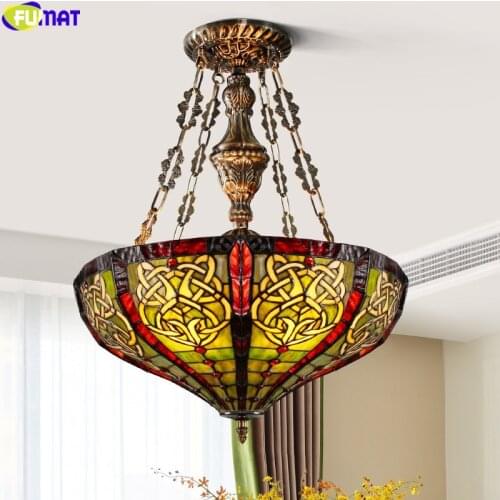 FUMAT Tiffany Style Pendant Lamp Stained Glass Reverse Chandelier 16Inch Multicolorfull Handcraft House Decor Art European Light