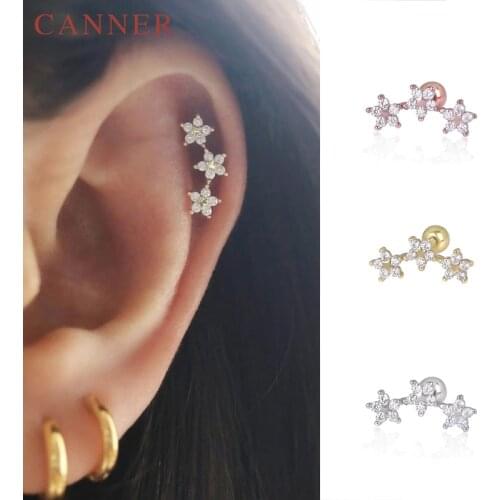 925 Sterling Silver Cartilage Ear Stud Crystal Zircon Earrings for Women 1PC Leaf/Flower/Moon Small Studs Piercing Jewelry