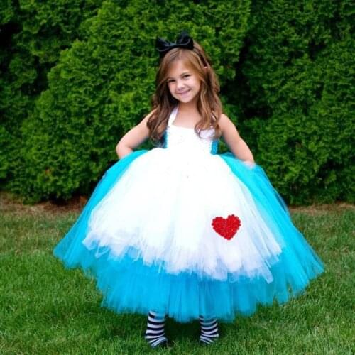 Blue White Princess Girls Alice Dress Tulle Baby Kids Fancy Tutu Dress Children Halloween Carnival Party Alice Cosplay Costume