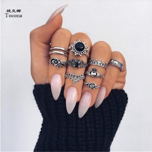 Tocona 10pcs/Set Boho Antique Silver Color Elephant Flower Rose Heart Crown Carved Rings Set Knuckle Ring for Women Jewelry 4985