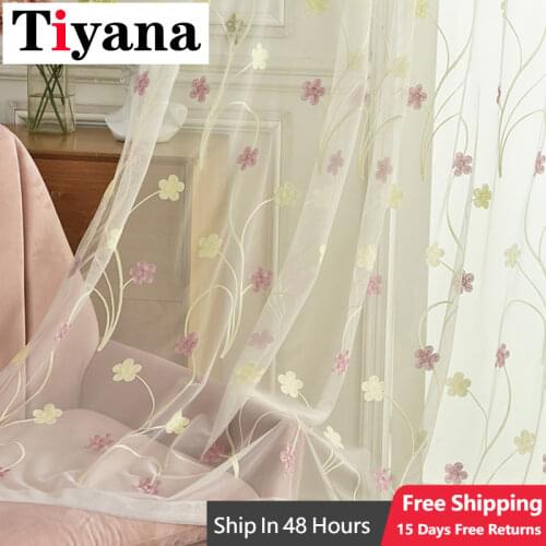 Rustic Flower Embroidered White Curtains For living room Sheer Window Screen Pink Flower Tulle Drapes for Kitchen rdeaux ZH009X