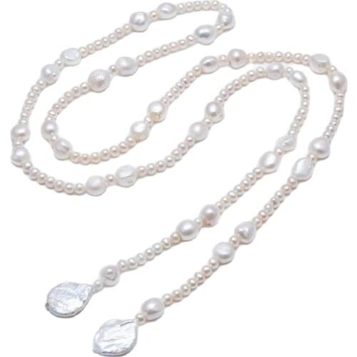 GuaiGuai Jewelry 53" Cultured White Pearl Coin Baroque Pearl lariat Necklace