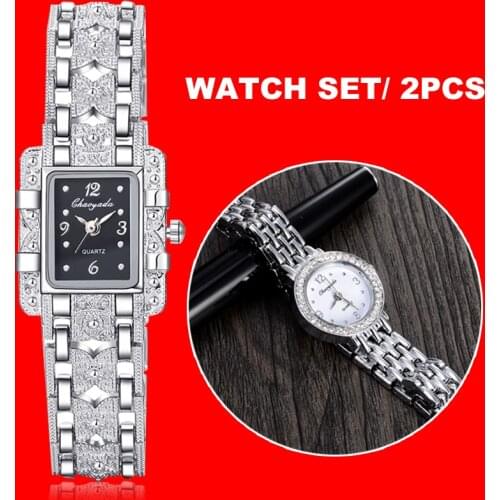 Ladies Women Watch Set Royal Fashion Square Dial Silver Stainless Steel Quartz Bracelet Rhinestone Double Watches Mujer Relojes