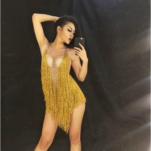 Women Sparkly Gold Tassel Bodysuit Rhinestones Outfit Glisten Beads Costume One-piece Dance Wear Stage Costumes for Singers