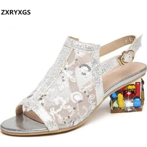ZXRYXGS Brand Sandals 2020 New Spell Colors Fashion Sandals Summer Mesh Lace Rhinestone High-Heeled Shoes Summer Womens Sandals