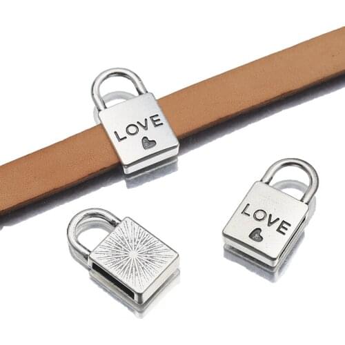 10Pcs Alloy Lock Charms Slider Beads Spacer For 10x2mm Flat Leather Cord Bracelet Necklace Jewelry Making Accessories