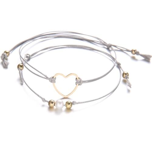 2 Pcs/set Womens Black Silver Color Simple Heart Pearl Beaded Woven Leather Bracelet Set Temperament Beach Jewelry