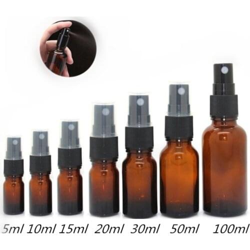 300pcs 5-100ml Amber Glass Atomizer Bottle Essential Oil Perfume Water Vial Black Lid Spray Bottles Women Cosmetic Container