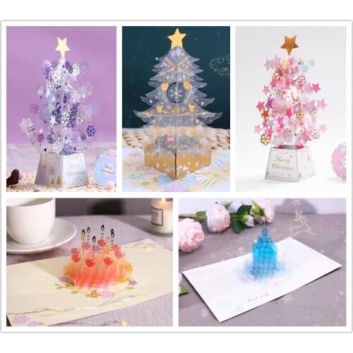 3D Pop-up Christmas Tree Castle Greeting Cards Happy Birthday Postcards Invitations Cards with Envelope Festival Christmas Gifts
