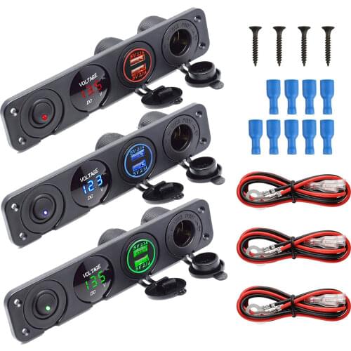 4 In 1 Car Power Socket 12V Cigarette Lighter Digital Voltmeter Dual Usb Power Charger With Rocker Switch Dustproof Waterproof