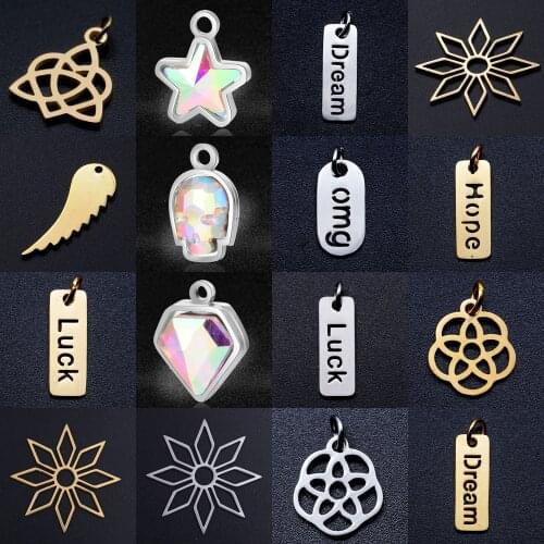 5pcs/lot diy star skull crystal stainless steel charm pendant wholesale luck sun angle wing jewelry bracelet connector charms