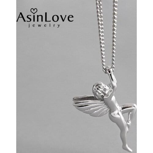 AsinLove Real 925 Sterling Silver Angel Pendant Necklace for Women Unique Vintage Portrait Pattern Valentine Gift Fine Jewelry