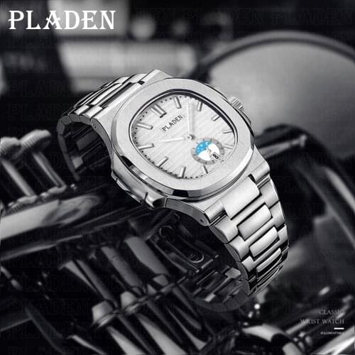 PLADEN Sports Mens Watches Luxury Stainless Steel Waterproof Quartz Patek Watch Dive Male Business Automatic Date Wristwatch