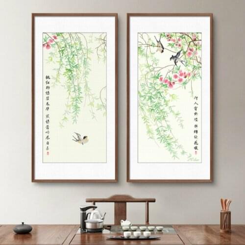 Home Hand Sewing DIY stamped Cross Stitch Semi-finished Kit Swallows flying under the willow tree in spring room decoration