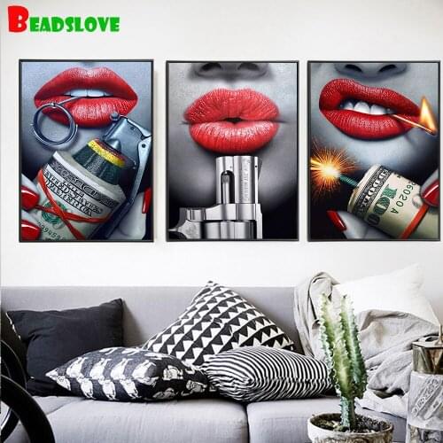 Red Lips With Gun 5D Diy Diamond Embroidery 3 Piece,Triptych Diamond Painting Full Square Round Drill Still Life Decor
