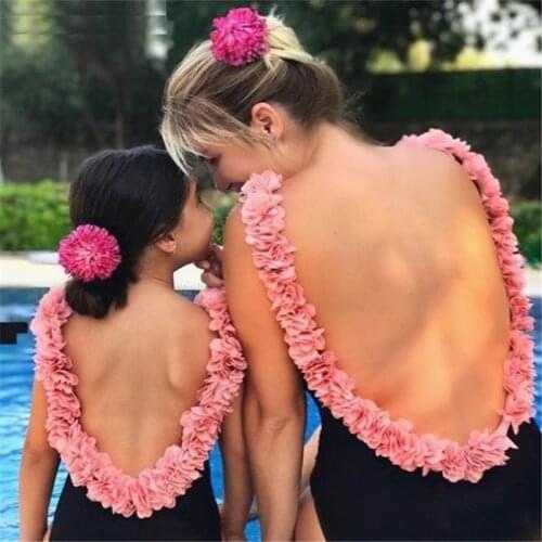 Summer New European And American Parent-Child Swimwear Mom And Daughter Bodysuit Swimsuit Girls Solid Color Petal Beach Bikini