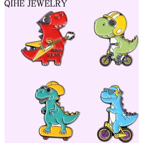 Cartoon Sporty Dinosaur Enamel Pins Badge Guitar Skateboard Brooches for Kids Friends Cute Backpacks Lapel Pin Jewelry Gift