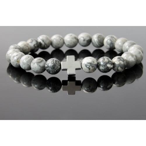 22016 New 8mm Natural Gray Map Stone Beaded Bracelet Men Hematite Gallstone Cross Bracelets For Women Elastic Charm Jewelry