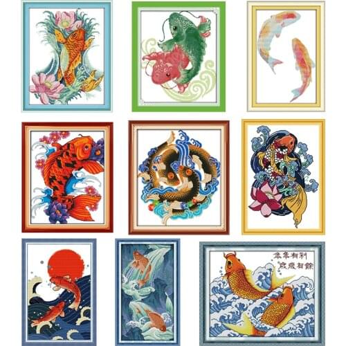 Stamped Cross Stitch Kits Joy Sunday Fishes Leaping Over The Dragon Gate Printed 11CT 14CT Counted kit Embroidery Needlework Set