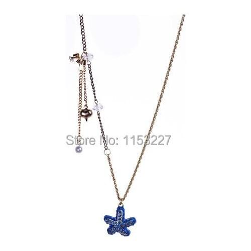 Sweet style long blue sea starfish colour ceramic glaze gold chain necklace