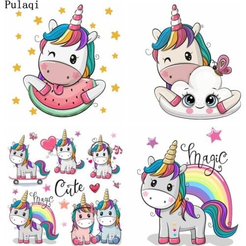 Pulaqi DIY Unicorn Transfer Sticker Iron on Transfer for Clothing T-Shirt Heat Transfer Vinyl Cartoon Thermal PVC Patch Washable