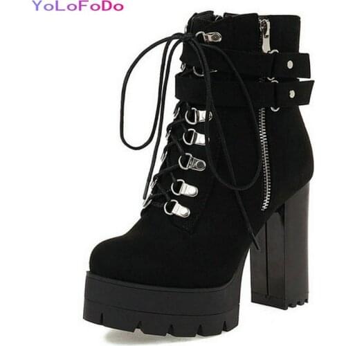 Black Brown Green Women Ankle Boots Platform Square High Heel Ladies Short Boots Fashion Round Toe Zipper Womans Shoes Big Size